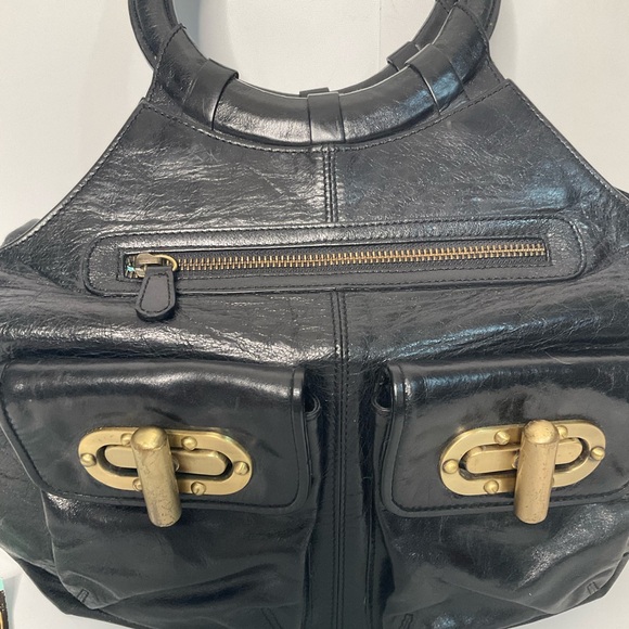 Babee D Black Python Leather Boho Handbag Large Lined Interior 3 Front Pockets - Picture 4 of 16